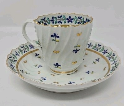 Worcester Flight Barr Fluted Cup & Saucer C. 1792-96 Blue Flowers