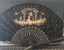 Beautiful Vintage Folding Fan Black Lace with Flamenco Dancers Gold Tone Accents