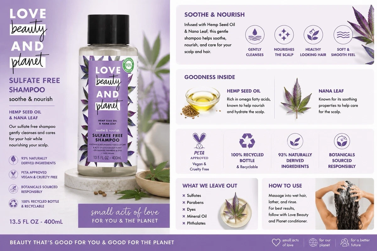 Love Beauty and Planet Soothe & Nourish Shampoo Hemp Seed Oil 13.5 fl oz