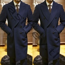 Navy Blue Men's Overcoat Peak Lapel Double Breasted Casual Business Long Jacket