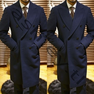 Navy Blue Men's Overcoat Peak Lapel Double Breasted Casual Business Long Jacket