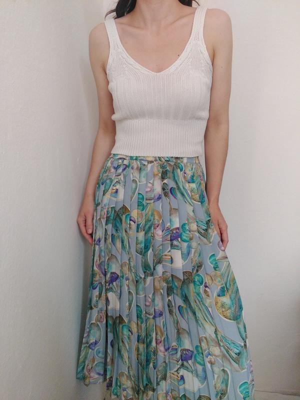 Blue Stylish Pleated Floral Midi Skirt Size L
