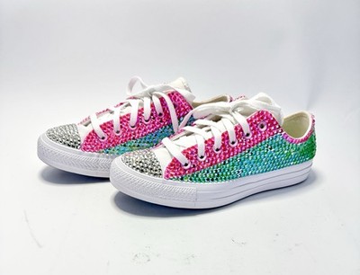 Custom Converse All Star Bling Embellished Sneakers Womens 7.5 Pink Green Wicked