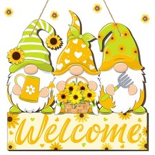Sunflower Gnome Welcome Door Hanger Sign for Outdoor Porch Front Door Wreath
