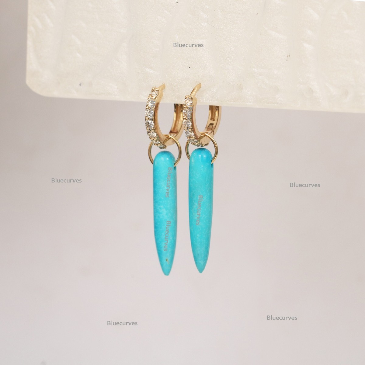 20mm Spike Turquoise Studded Diamond Drop Detachable Hoops Earrings 14k  Gold