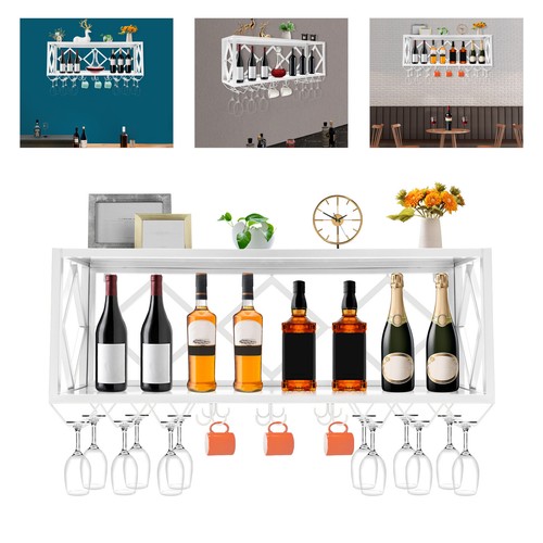 2-Tier Wall Mount Metal Wine Rack Hanging Wine Glass Shelf Holder White - 第 1/24 張圖片