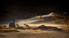 Landscape nature mist morning village trees church fall Custom Gaming Mat Desk