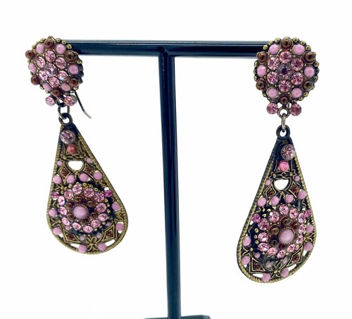 Orecchini pendenti vintage anni 50/60 rosa lucite e strass gancio unici!!!!! - Foto 3 di 5