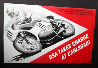 VINTAGE BSA MOTORCYCLE RACING POSTER DON VESCO AMA CARLSBAD RACEWAY 500CC 
