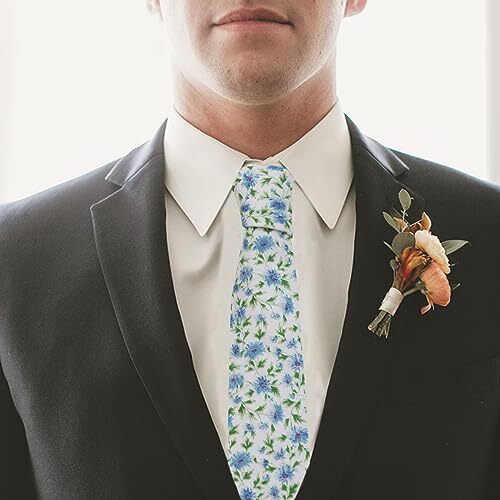 Men's Skinny Tie, Cotton Floral Ties for Men Wedding A Grass Green Blue Floral - Picture 5 of 6