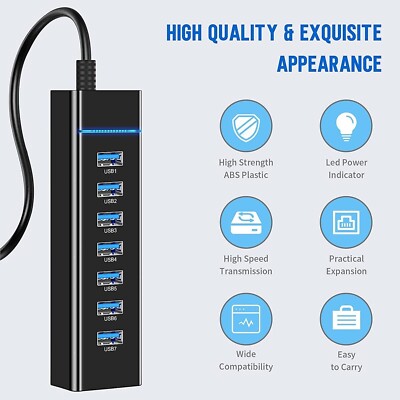 7 Ports Hub USB 2.0 High Speed Mehrfach Adapter Verlängerungskabel PC Laptop