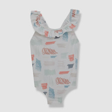  68 Mon Coeur Girl's White Scribble-Print Ruffled One-Piece Size 6