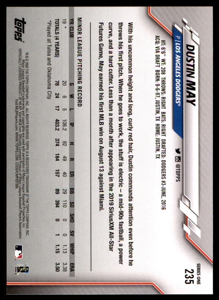 2020 Topps #235 Dustin May RC - Image 2 of 2