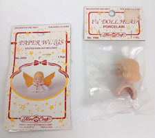 Fibre Craft 1 3/4" Angel Porcelain Head 7686  Gold Tone Paper Wings 3434 NOS