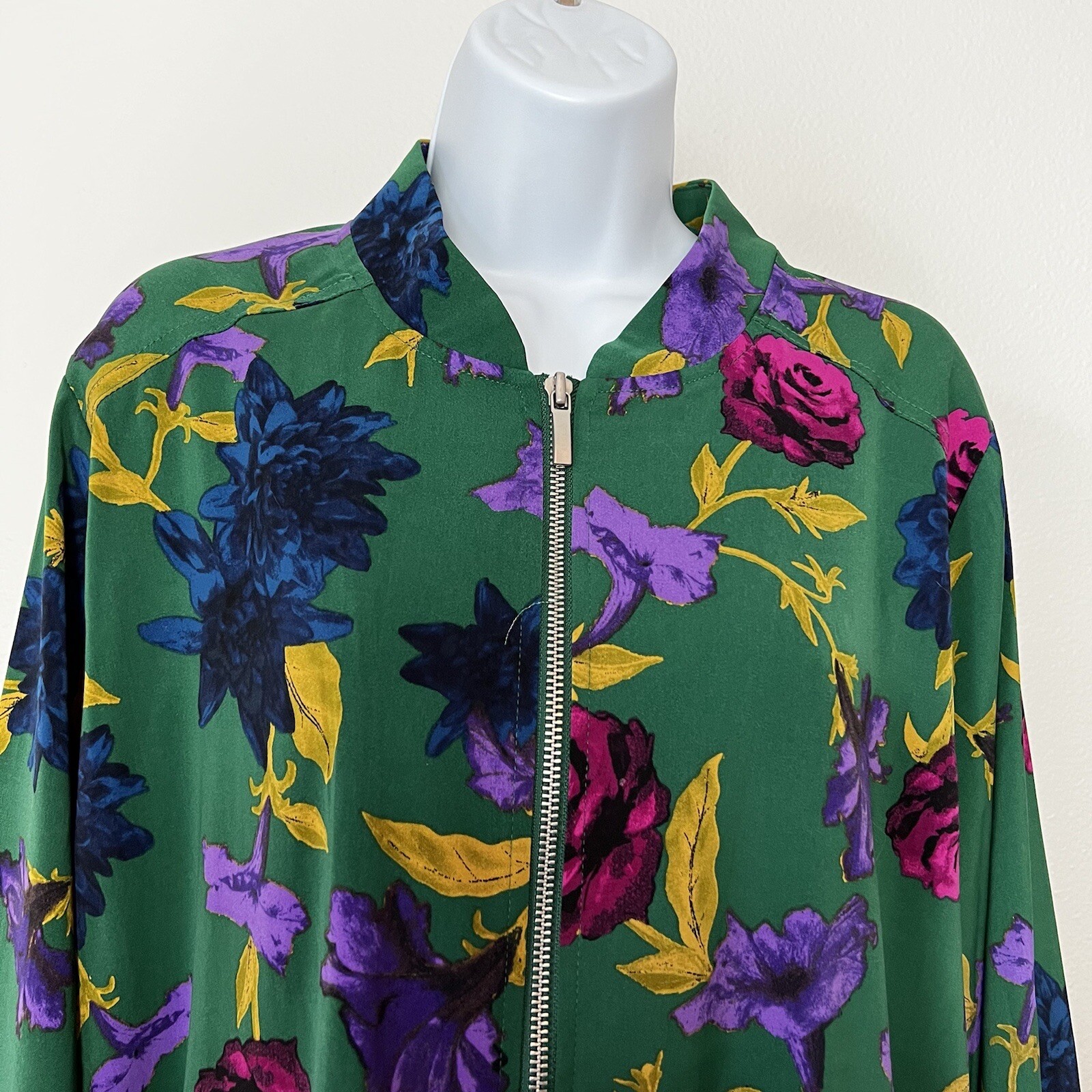 Susan Graver Satin Jacket Green Floral Zip Up Woman S… Gem