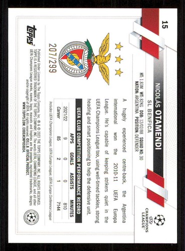 2022-23 Topps UEFA Club Competitions Yellow #15 Nicolas Otamendi /299 - Picture 2 of 2