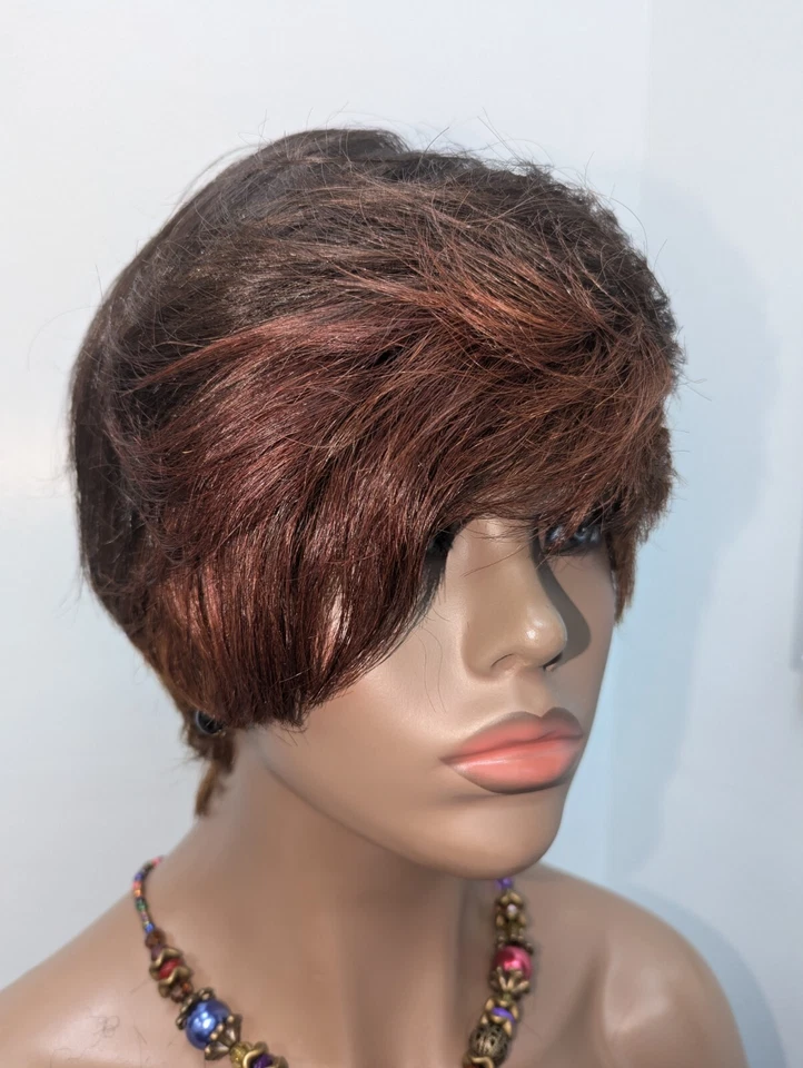 Asymmetrical 100% Virgin Chinese Full Cut Lace Wig Color Brown Highlight Arburn - Image 2 of 4