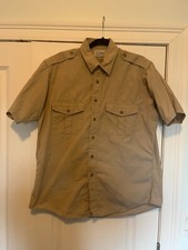 LL BEAN Vtg 90s USA Beige Khaki Safari Utility Short Sleeve Btn Shirt Men's L