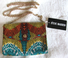 Steve Madden BHonest Orange Mul Purse Clutch Gold Tone Chain Blue Yellow White