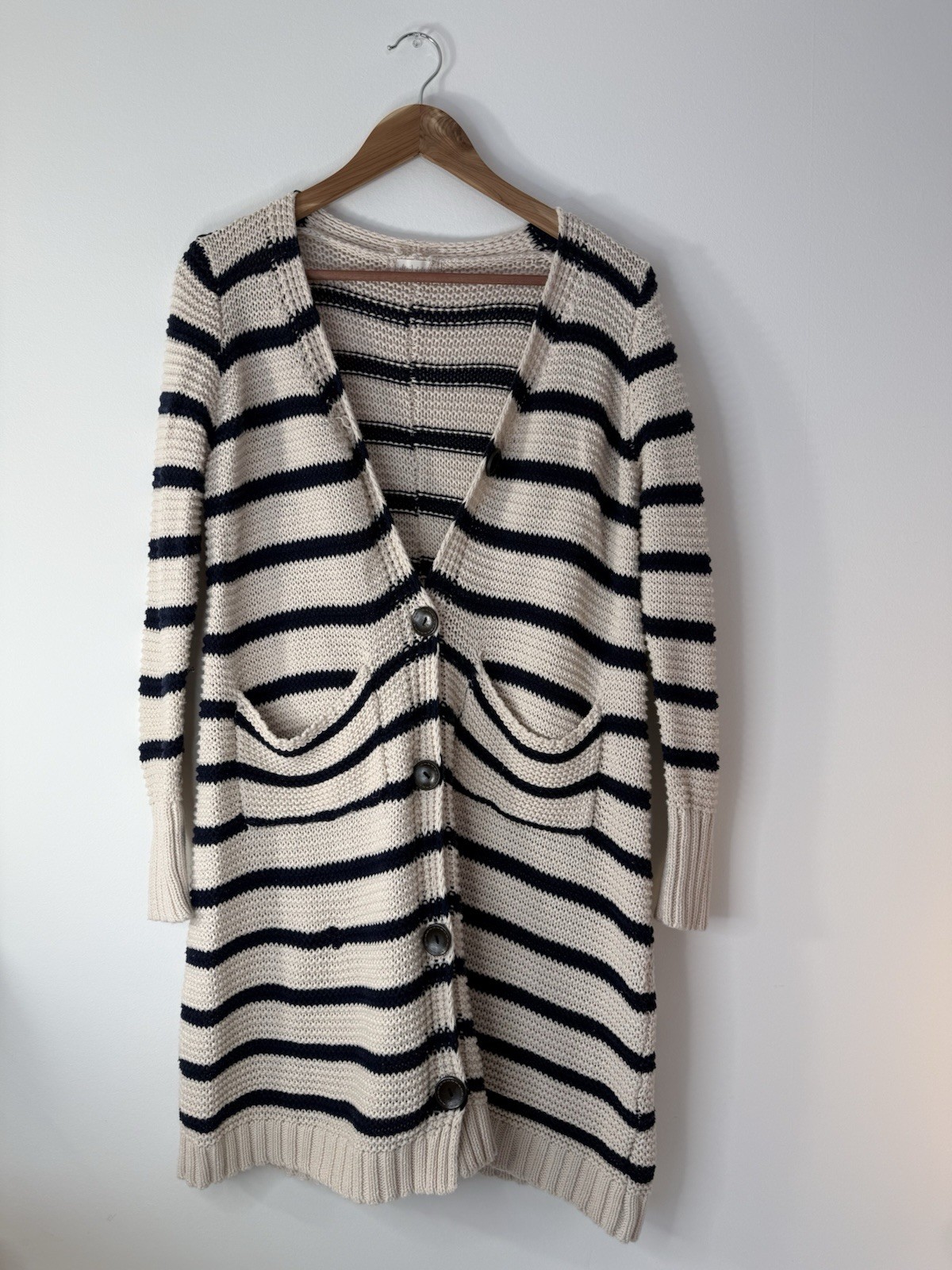 ✿ Anthropologie Moth Cardigan Sweater Stripe Nautical Cotton Long Knit S
