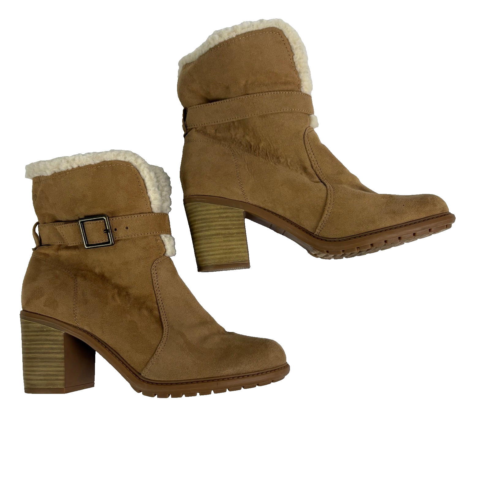 American Eagle Women's 8 Tan Suede Faux Fur Lined Heeled Ankle Boots Cozy Winter