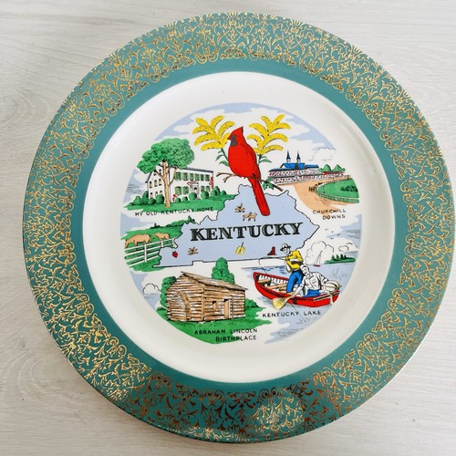 KENTUCKY State Vintage Souvenir Collectible Plate Homer Laughlin Gold And Teal