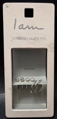 ''I Am'' 3 PAIR Sterling Silver Cubic Zirconia Solitaire, Ball, Hoop Earrings BOX