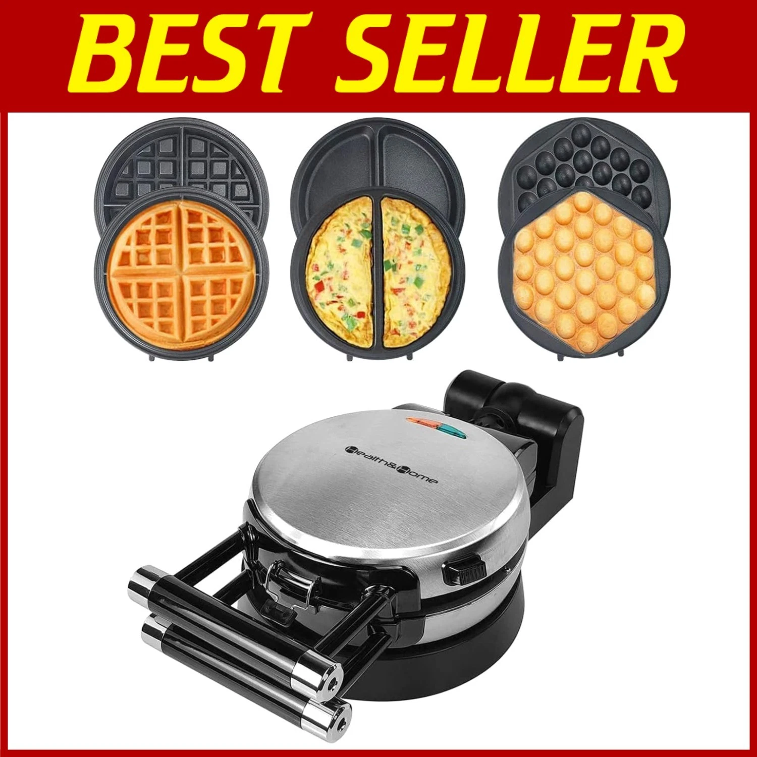 3-in-1 Waffle, Omelet, Egg Waffle Maker - Nonstick Plates