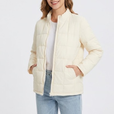 Cream Quilted Zip Up Mock Neck Jacket Womens Large Ivory Puffer Elastic Hem