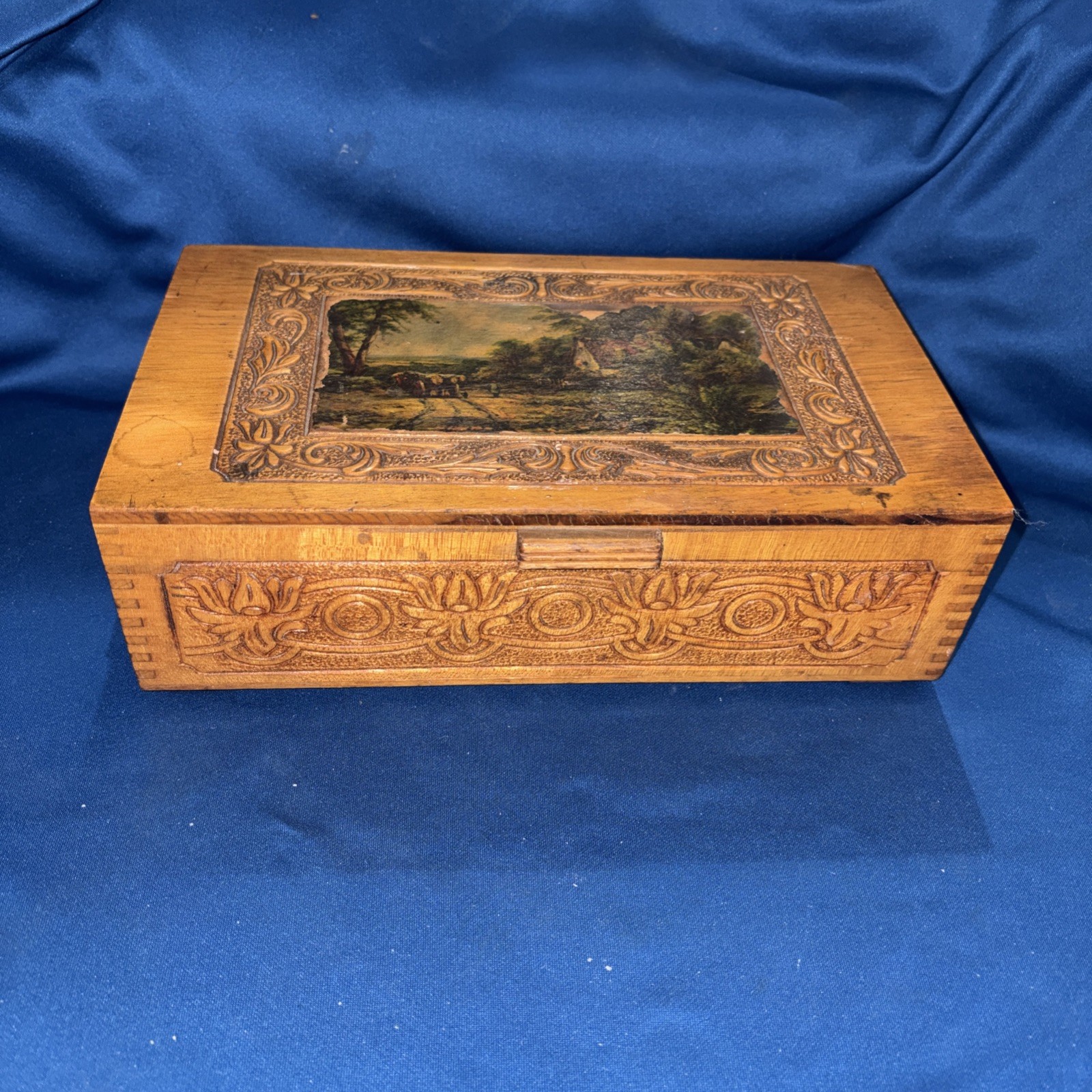 Wooden Engraved Jewelry Box W/ Mirror Country Cottage Vintage Mid 1900s Pretty-image