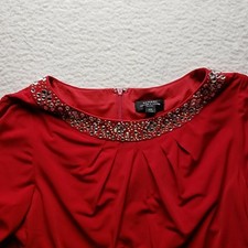 Tahari Arthur S. Levine Dress Womens 10P Red Solid 3/4 Sleeve Beaded Neckline