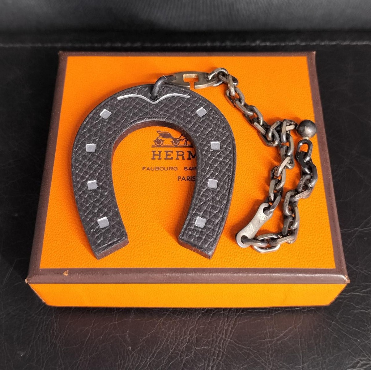 Hermes Authentic Horseshoe Charm Keychain Gray x Orange
