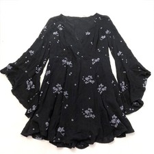 Free People Jasmine Boho Dress Womens 6 Black Floral Bell Sleeves Lined Flowy