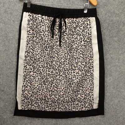 DKNY Leopard Skirt Womens MEDIUM Black White Animal Print Drawstring A Line NEW