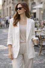 Women s White Linen Blazer M Open Front Lightweight Coastal Resort Quiet Luxury