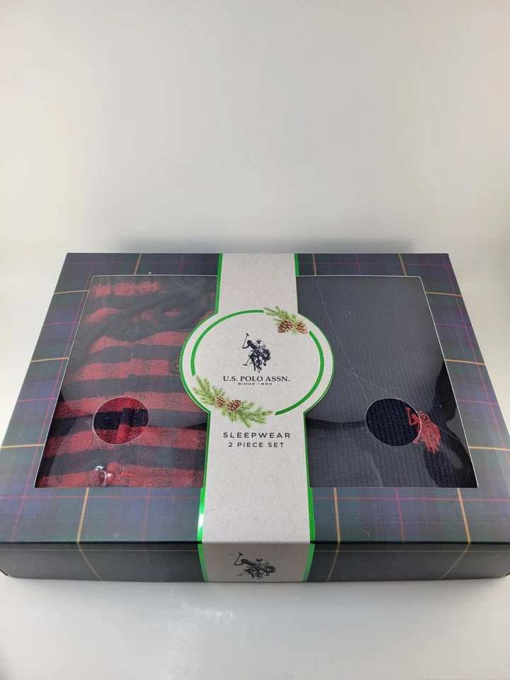 NEW US Polo Assn Pajamas Mens XL Navy Thermal Crew Top Red Plaid Flannel Bottom - Image 2 of 4