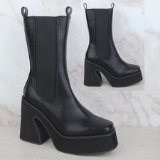 WOMENS LADIES CHUNKY MID CALF HIGH HEEL PULL ON PLATFORM CHELSEA BOOTS SHOE SIZE