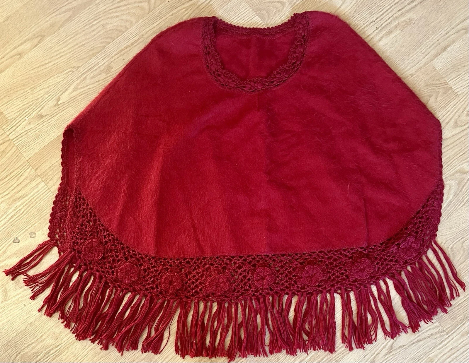 BABY ALPACA RED WOOL PONCHO HANDWOVEN CROCHET HEM & FRINGE ONE SIZE-CAROLING