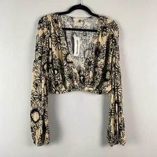 Urban Outfitters Cream Floral Faux Wrap Long Sleeve Boho Crop Top Sz L Cottage