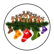 30 Cute Christmas Envelope Seals Labels Stickers 1.5" Round reindeer stockings
