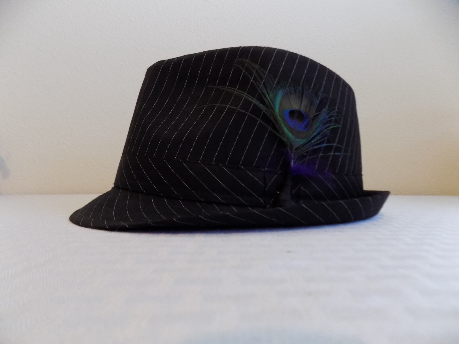 Black & White Pinstripe Fedora Hat with Peacock Feather for Men - M/L Size-image