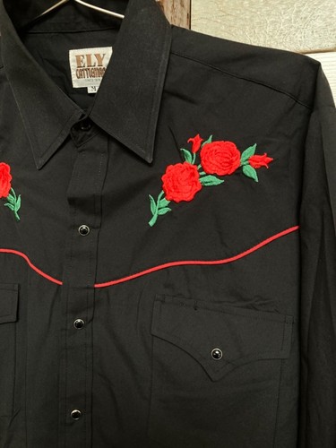 Vintage Ely Cattleman button shirt 70s 80s Western Rodeo Cowboy Red Rose size M - Picture 5 of 12