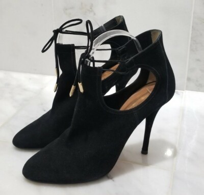 Aquazzura Babe Suede Booties Ankle Wrap Heeled Boot 39.5 Black 9.5