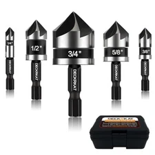 5 Pcs Countersink Drill Bit Set 82 Degree 5Flute with 1/4” Quick Change Hex S...