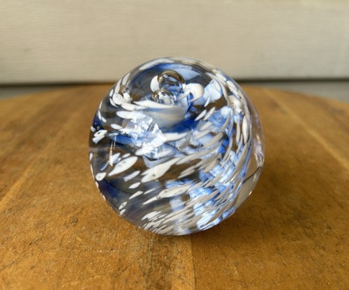 Vintage Blue White Swirl Bubbles Art Glass Orb Paperweight 2.5"