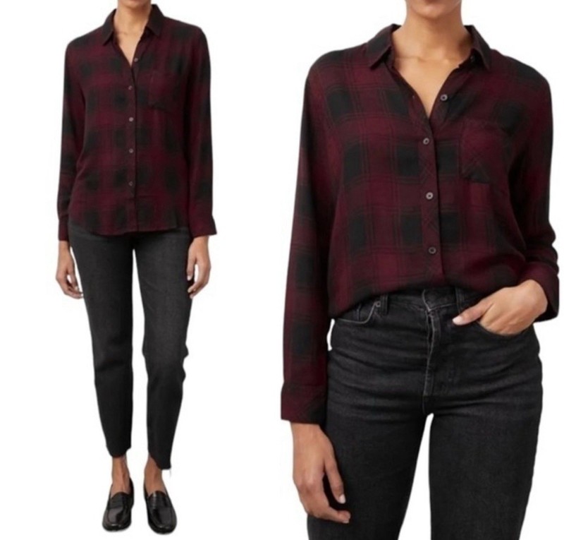 Rails Hunter Long Sleeve Button Down Shirt XS Scarlet Ash Black Plaid Top Blouse