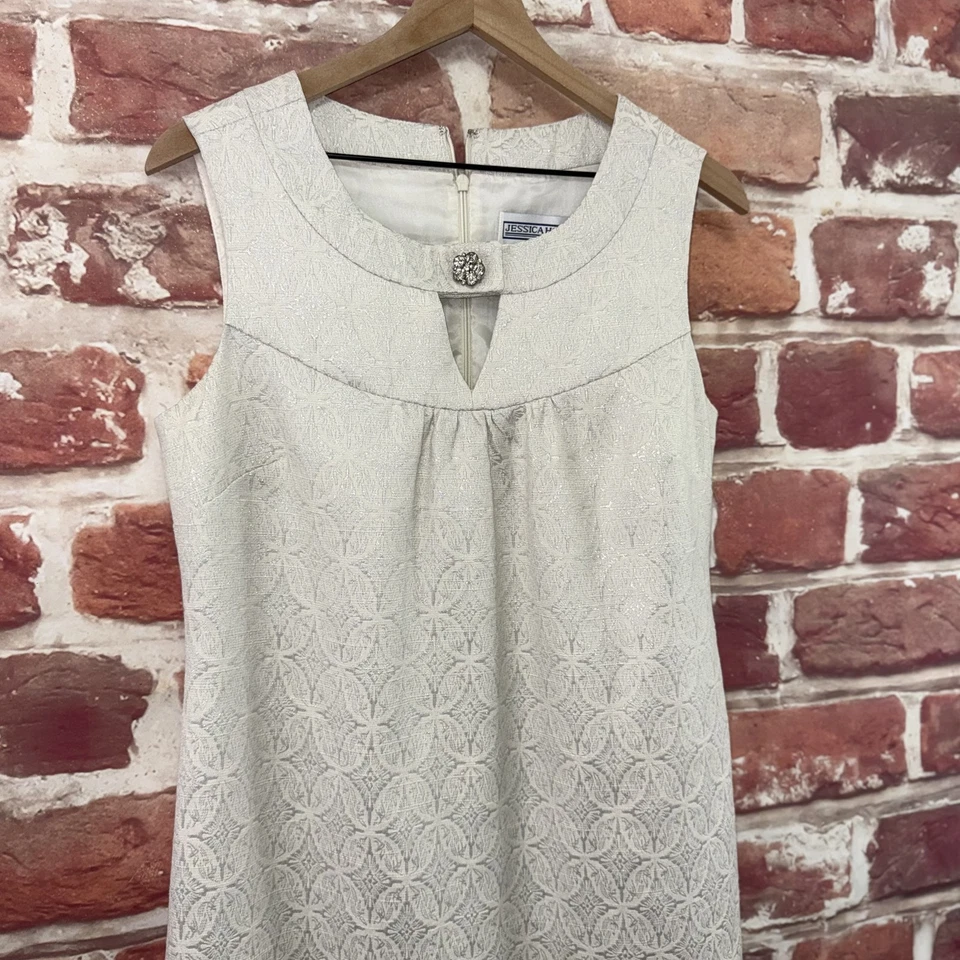 Vestido Vintage Jessica Howard Mujer 10 Blanco Plata Floral Jacquard Fiesta Formal Foto 3 de 4