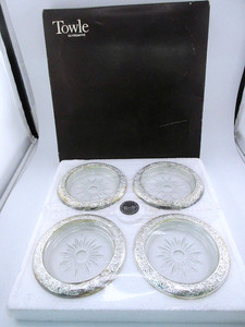 Vintage Boxed Towle Coasters Set of 4 Crystal and Silverplate 4" Diameter