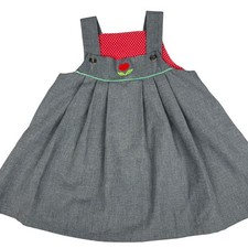 Vintage Girls 4T Jumper Dress Gray Pinafore Heart Embroidery 70s 80s Polka Dot