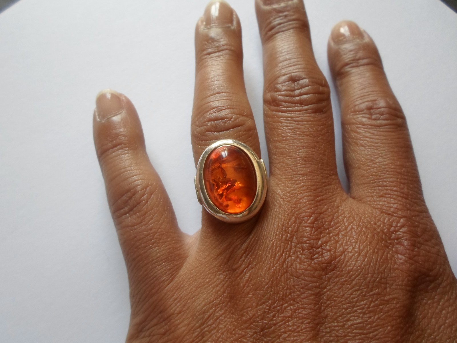 solid silver ring, honey colored amber cabochon, … - image 2